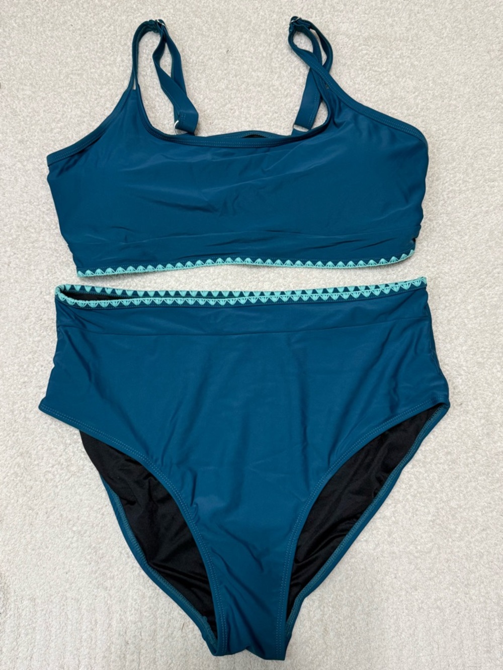 Teal Two-Piece High-Waist Bikini with Mint Trim